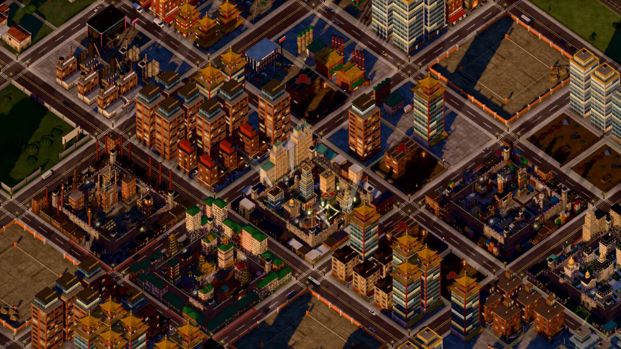 The City Map at dusk: rival estates, towers and streets as far as you can see