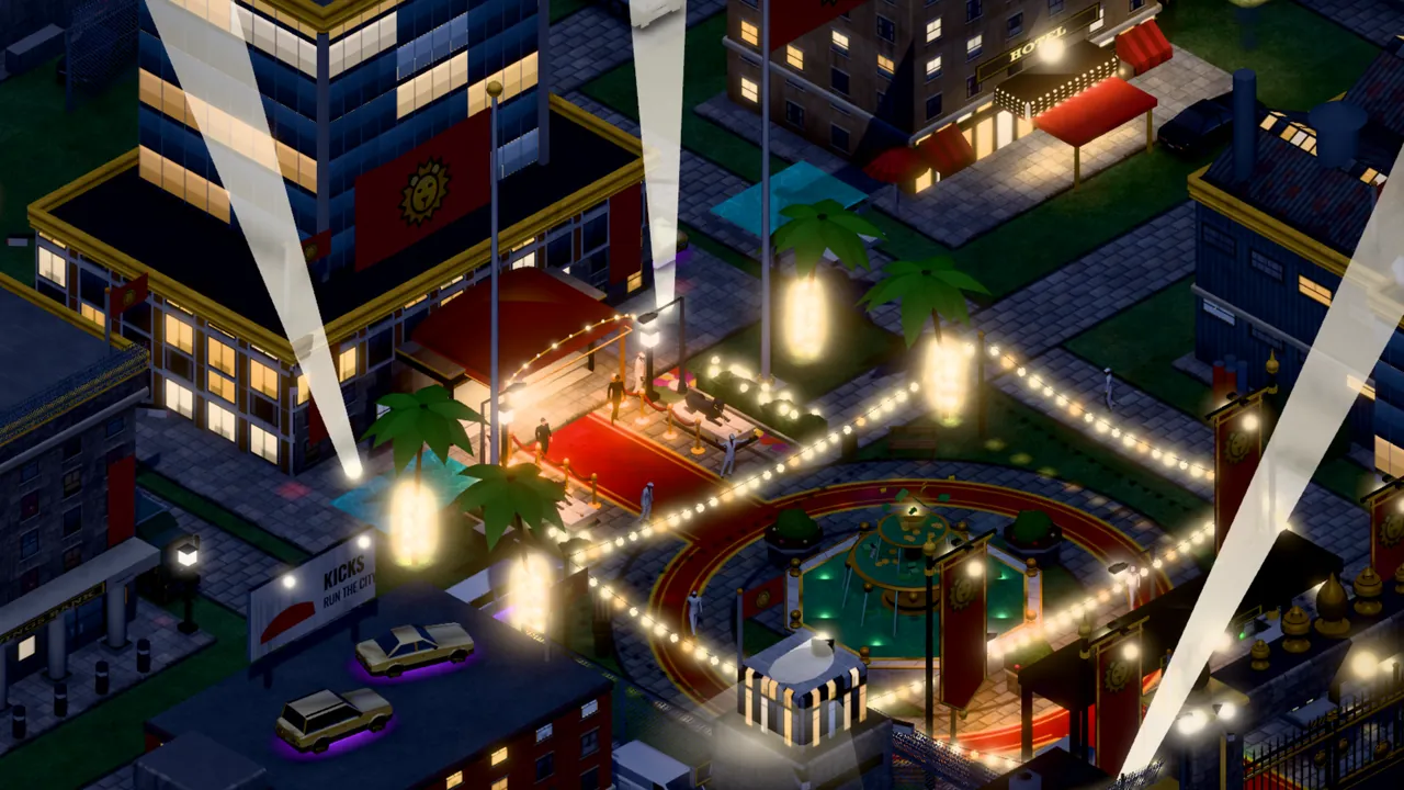 A Mansion's red carpet with doormen, a big cat on a chain, palm trees and fairy lights