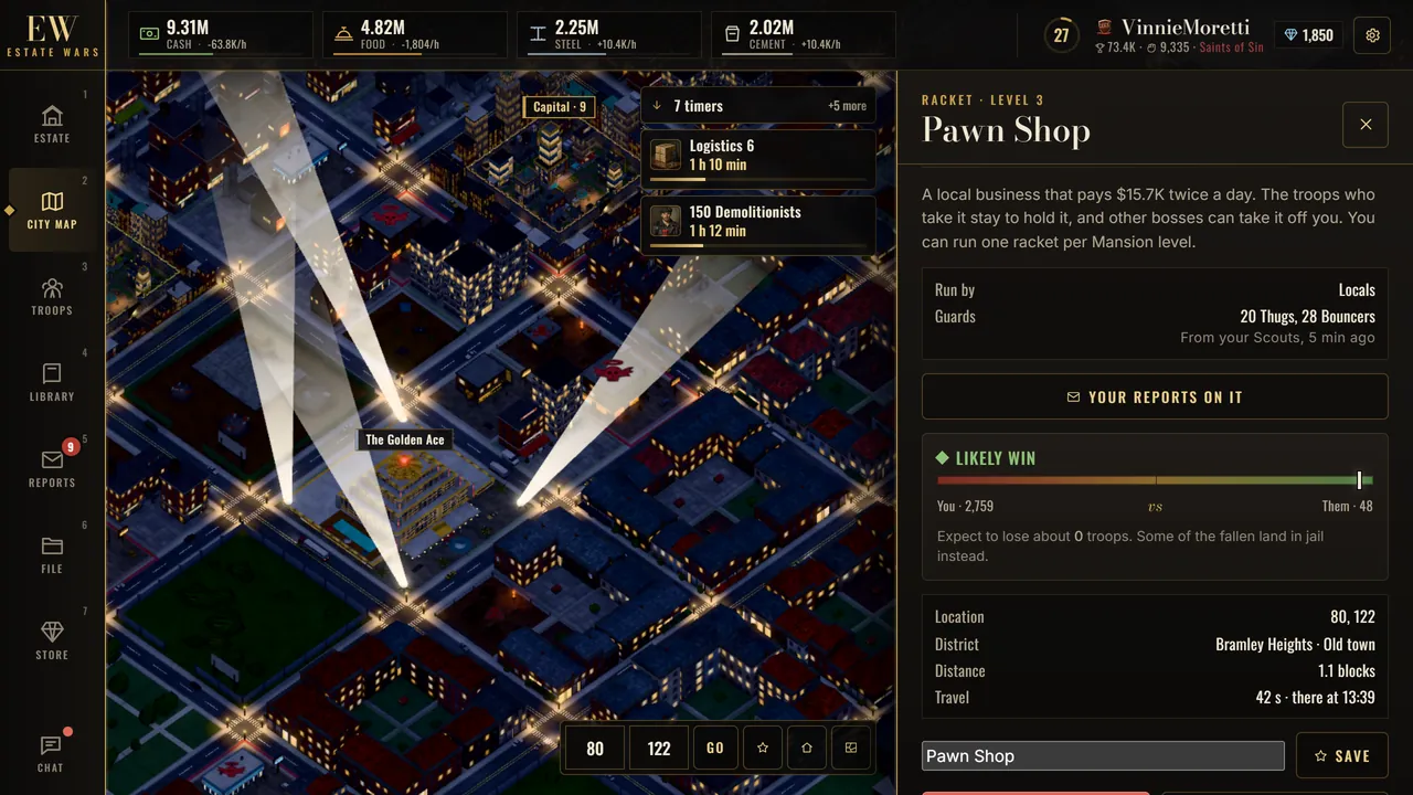 A Pawn Shop racket on the City Map with its payout, scouted guards and odds of winning