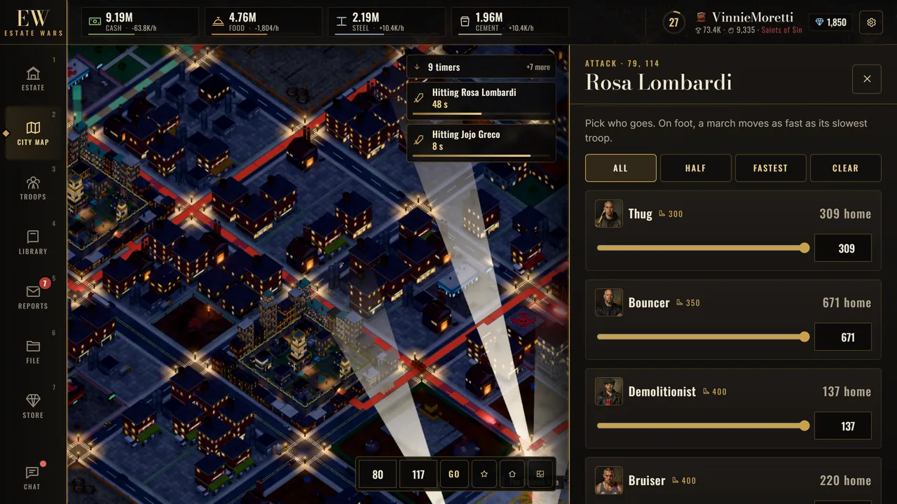 A raid on the City Map: march routes through the streets and the attack panel choosing the troops to send